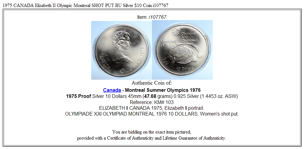 1975 CANADA Elizabeth II Olympic Montreal SHOT PUT BU Silver $10 Coin i107767