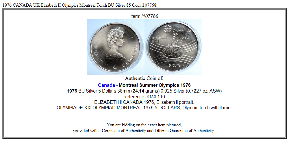 1976 CANADA UK Elizabeth II Olympics Montreal Torch BU Silver $5 Coin i107768