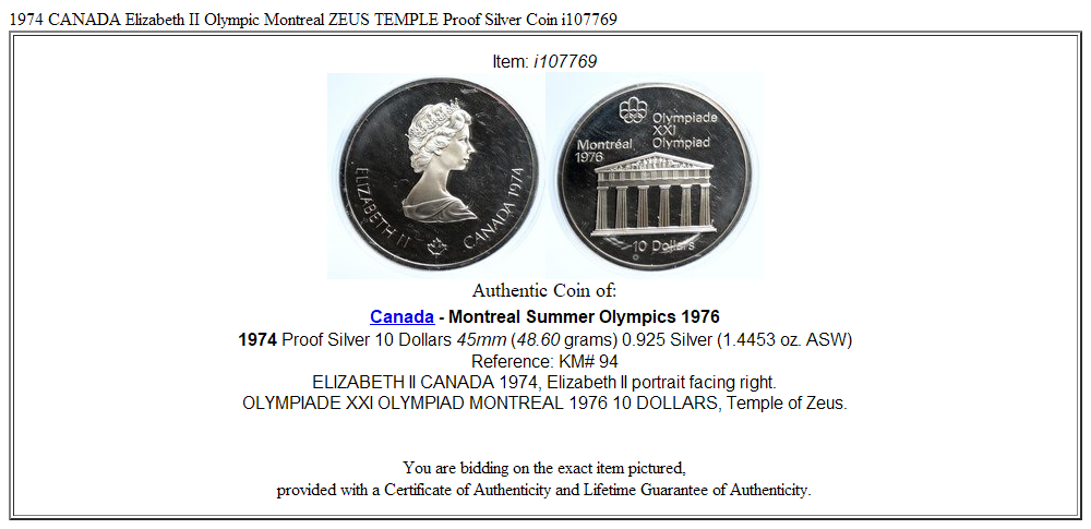 1974 CANADA Elizabeth II Olympic Montreal ZEUS TEMPLE Proof Silver Coin i107769