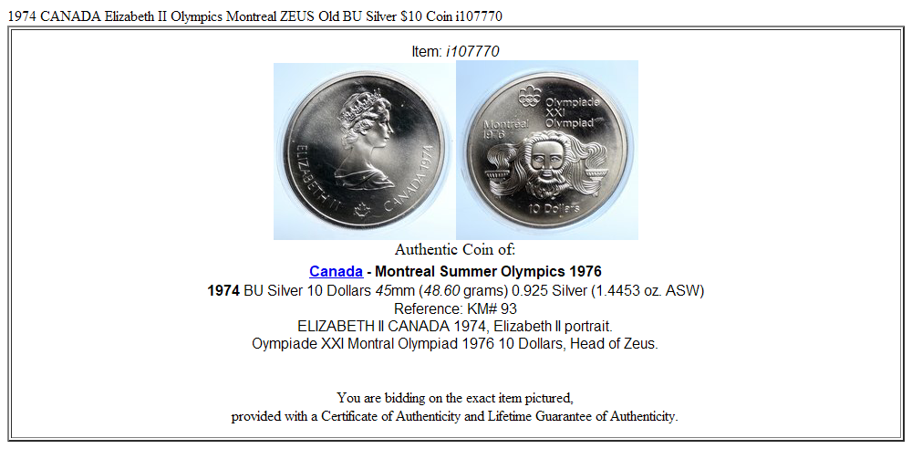 1974 CANADA Elizabeth II Olympics Montreal ZEUS Old BU Silver $10 Coin i107770