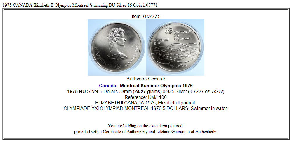 1975 CANADA Elizabeth II Olympics Montreal Swimming BU Silver $5 Coin i107771