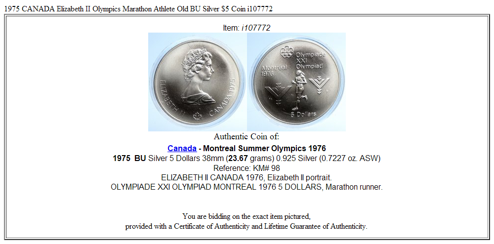 1975 CANADA Elizabeth II Olympics Marathon Athlete Old BU Silver $5 Coin i107772