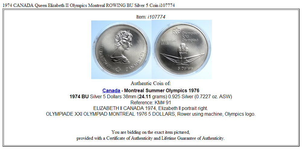 1974 CANADA Queen Elizabeth II Olympics Montreal ROWING BU Silver 5 Coin i107774