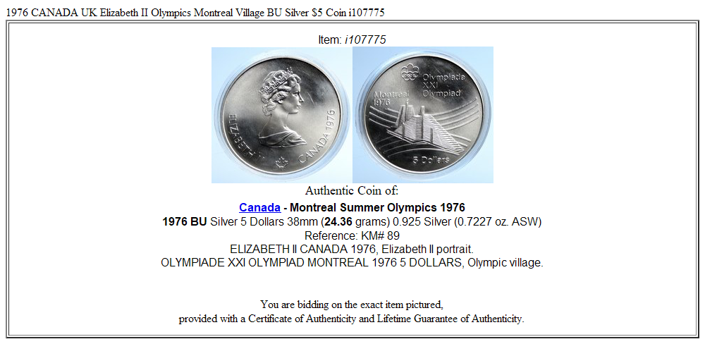 1976 CANADA UK Elizabeth II Olympics Montreal Village BU Silver $5 Coin i107775