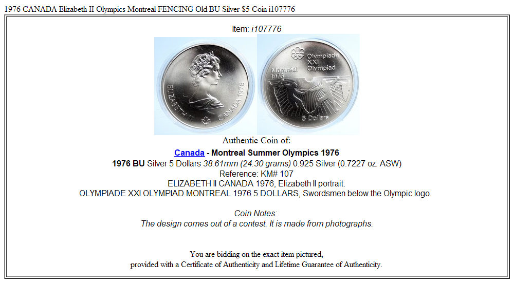 1976 CANADA Elizabeth II Olympics Montreal FENCING Old BU Silver $5 Coin i107776