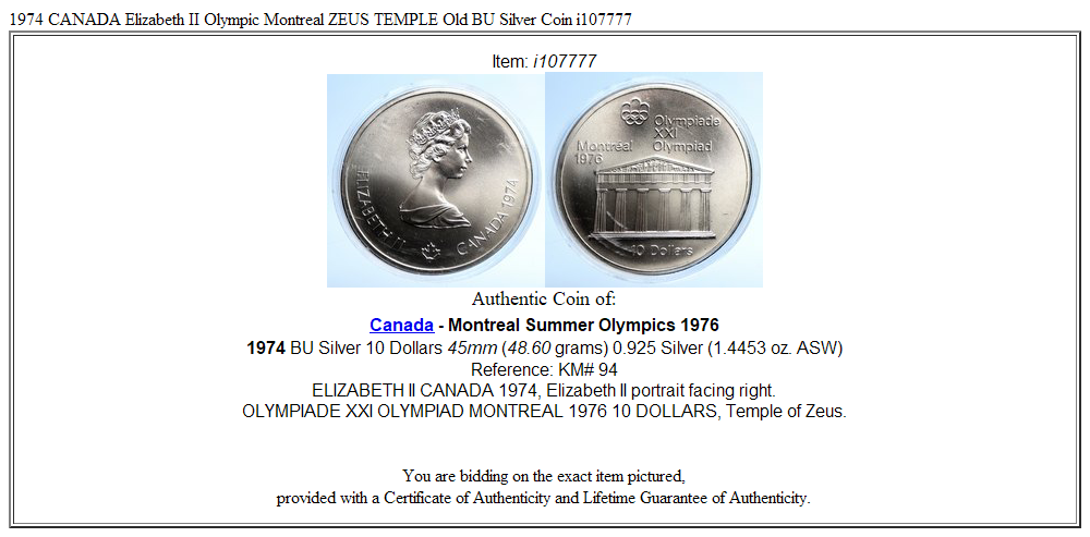 1974 CANADA Elizabeth II Olympic Montreal ZEUS TEMPLE Old BU Silver Coin i107777