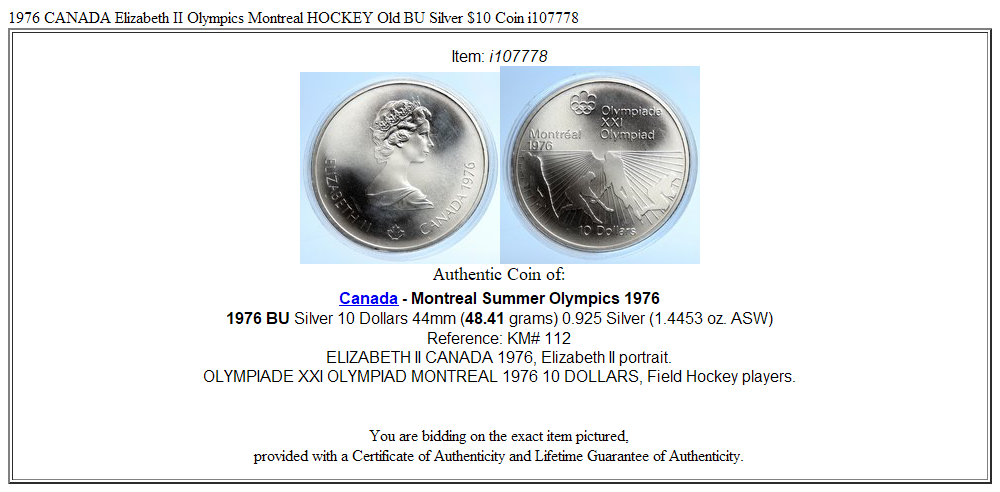 1976 CANADA Elizabeth II Olympics Montreal HOCKEY Old BU Silver $10 Coin i107778