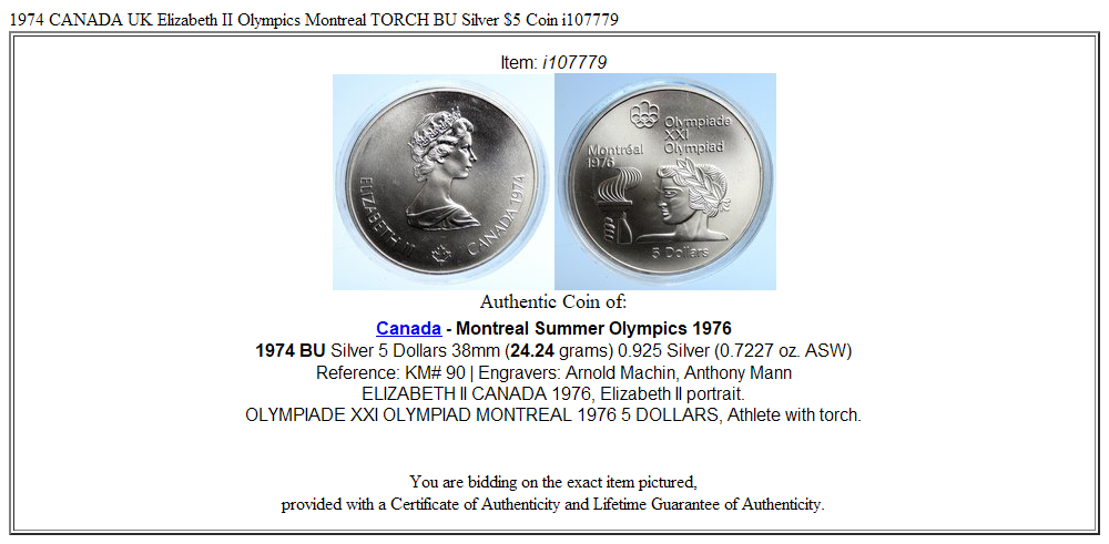 1974 CANADA UK Elizabeth II Olympics Montreal TORCH BU Silver $5 Coin i107779