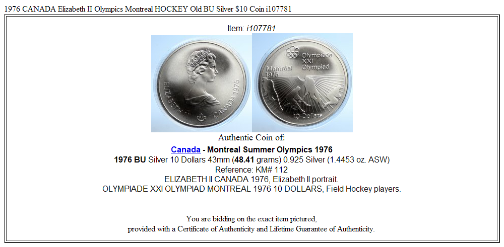 1976 CANADA Elizabeth II Olympics Montreal HOCKEY Old BU Silver $10 Coin i107781