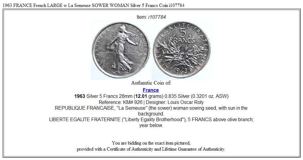 1963 FRANCE French LARGE w La Semeuse SOWER WOMAN Silver 5 Francs Coin i107784