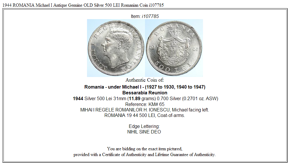 1944 ROMANIA Michael I Antique Genuine OLD Silver 500 LEI Romanian Coin i107785