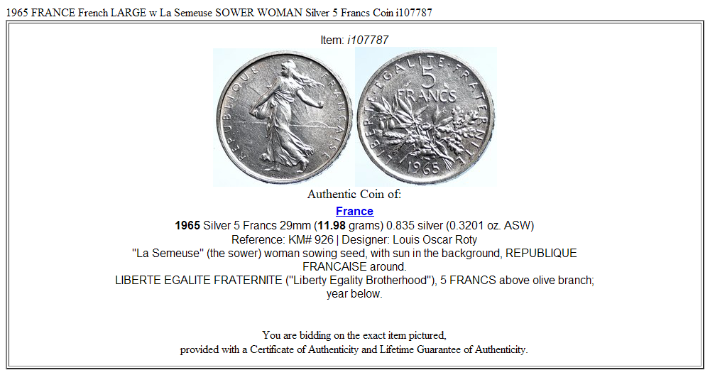 1965 FRANCE French LARGE w La Semeuse SOWER WOMAN Silver 5 Francs Coin i107787