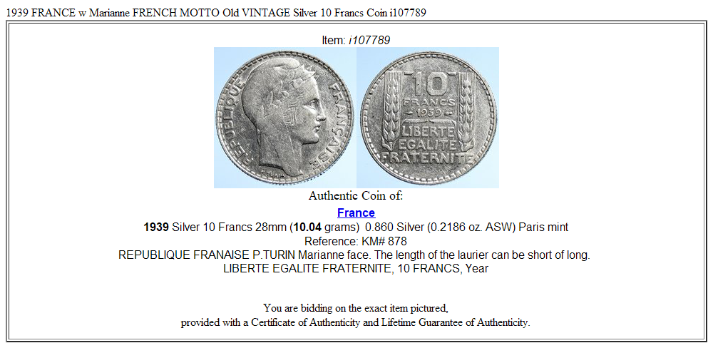 1939 FRANCE w Marianne FRENCH MOTTO Old VINTAGE Silver 10 Francs Coin i107789