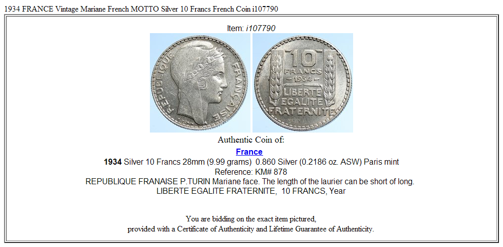 1934 FRANCE Vintage Mariane French MOTTO Silver 10 Francs French Coin i107790