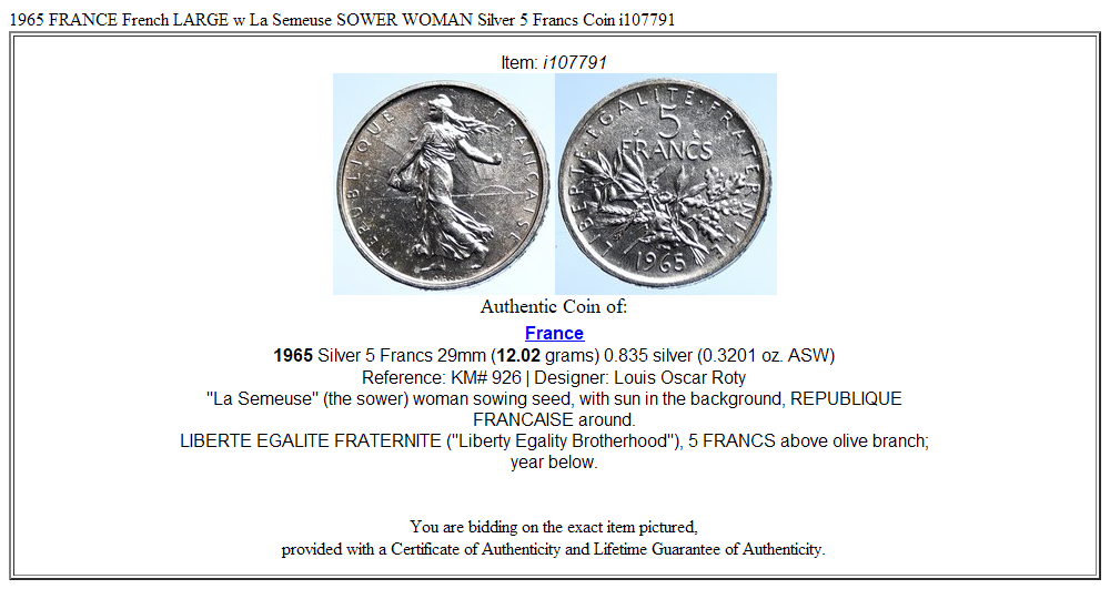 1965 FRANCE French LARGE w La Semeuse SOWER WOMAN Silver 5 Francs Coin i107791