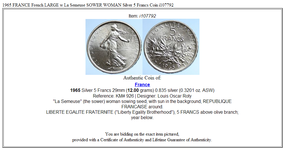 1965 FRANCE French LARGE w La Semeuse SOWER WOMAN Silver 5 Francs Coin i107792