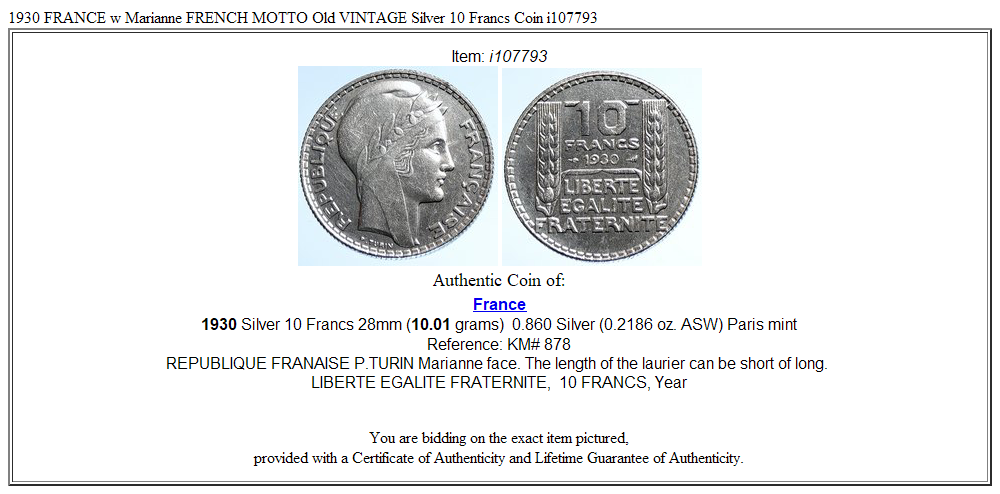 1930 FRANCE w Marianne FRENCH MOTTO Old VINTAGE Silver 10 Francs Coin i107793