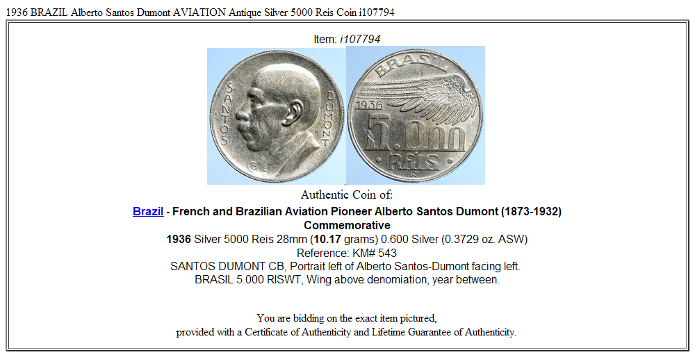 1936 BRAZIL Alberto Santos Dumont AVIATION Antique Silver 5000 Reis Coin i107794