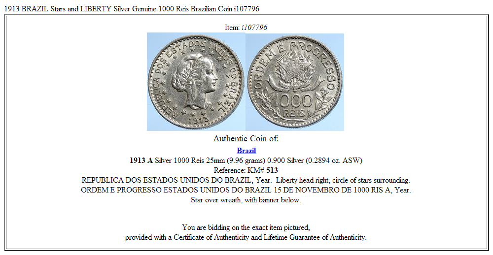 1913 BRAZIL Stars and LIBERTY Silver Genuine 1000 Reis Brazilian Coin i107796