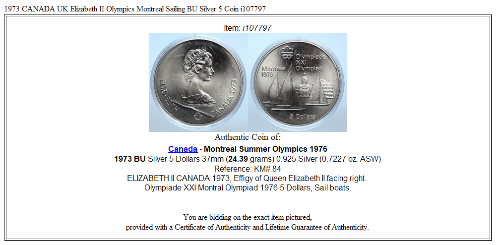 1973 CANADA UK Elizabeth II Olympics Montreal Sailing BU Silver 5 Coin i107797