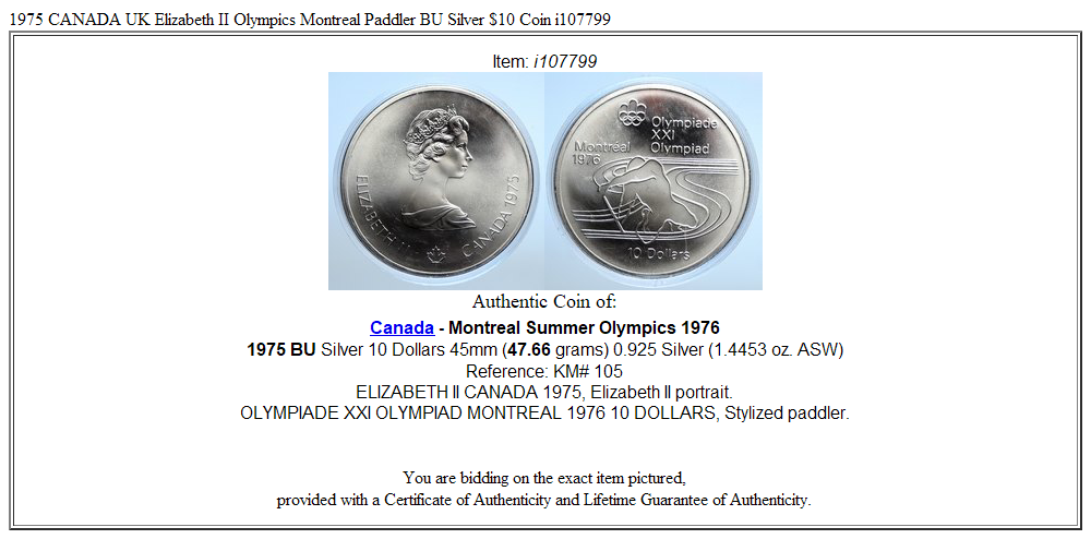 1975 CANADA UK Elizabeth II Olympics Montreal Paddler BU Silver $10 Coin i107799