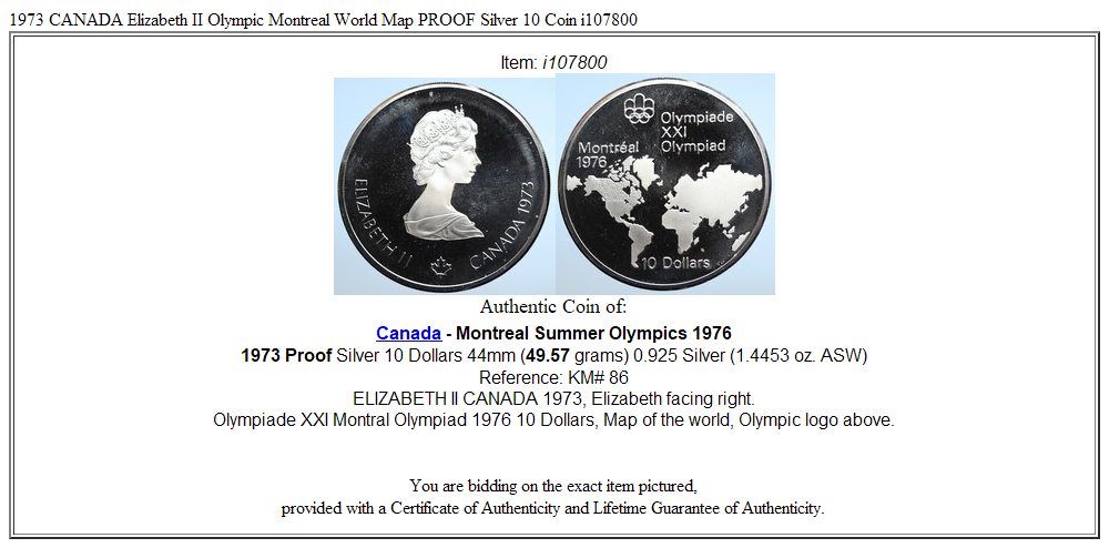 1973 CANADA Elizabeth II Olympic Montreal World Map PROOF Silver 10 Coin i107800