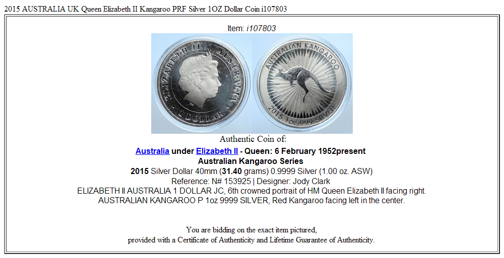 2015 AUSTRALIA UK Queen Elizabeth II Kangaroo PRF Silver 1OZ Dollar Coin i107803