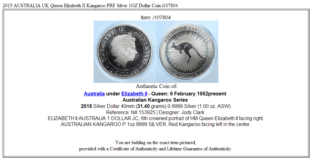 2015 AUSTRALIA UK Queen Elizabeth II Kangaroo PRF Silver 1OZ Dollar Coin i107804