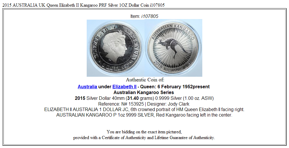 2015 AUSTRALIA UK Queen Elizabeth II Kangaroo PRF Silver 1OZ Dollar Coin i107805