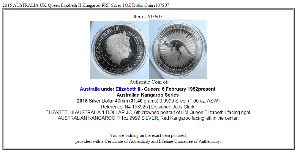 2015 AUSTRALIA UK Queen Elizabeth II Kangaroo PRF Silver 1OZ Dollar Coin i107807