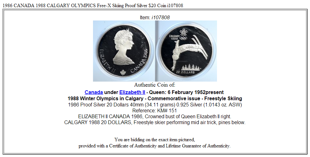 1986 CANADA 1988 CALGARY OLYMPICS Free-X Skiing Proof Silver $20 Coin i107808