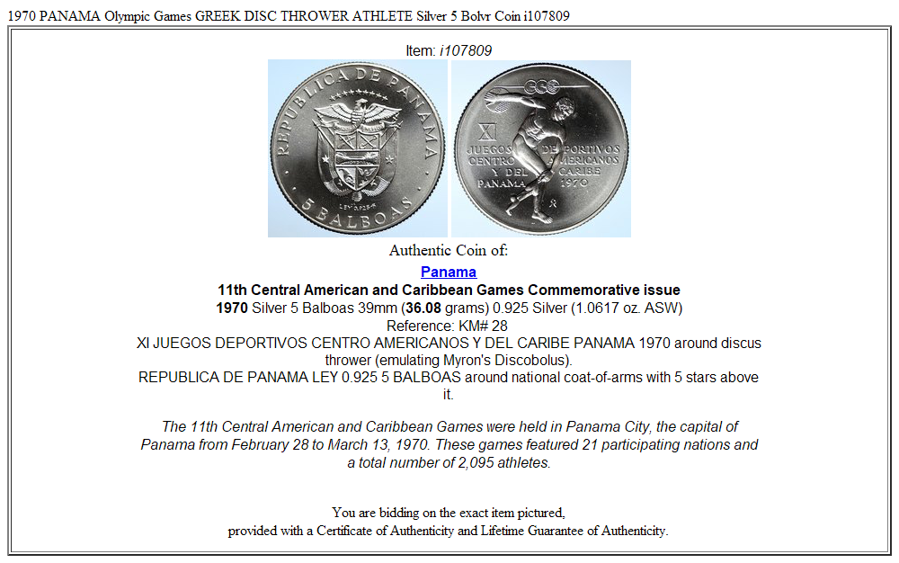 1970 PANAMA Olympic Games GREEK DISC THROWER ATHLETE Silver 5 Bolvr Coin i107809