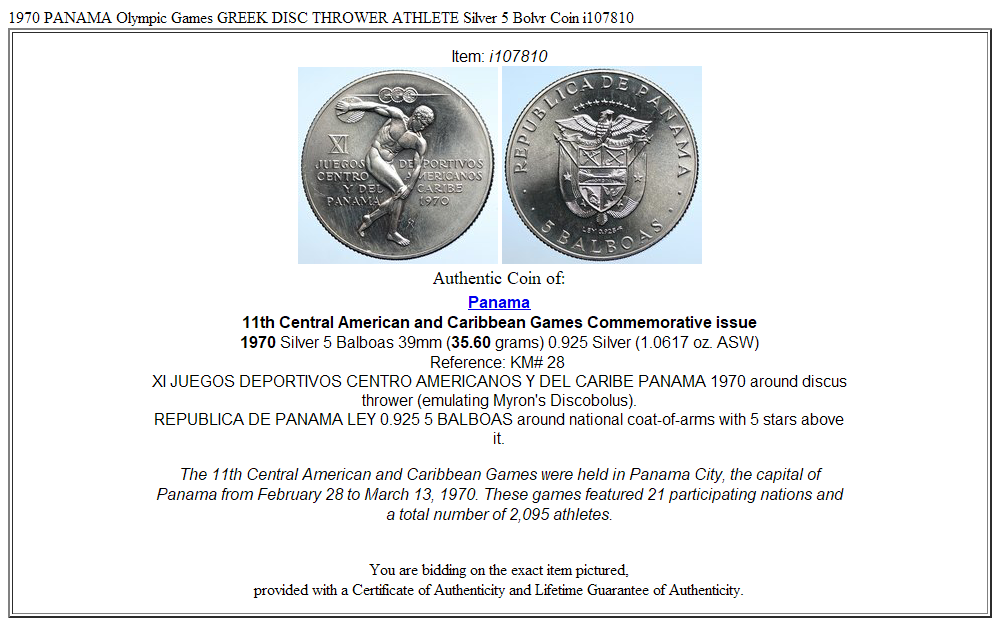 1970 PANAMA Olympic Games GREEK DISC THROWER ATHLETE Silver 5 Bolvr Coin i107810