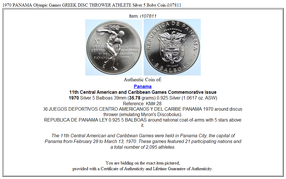 1970 PANAMA Olympic Games GREEK DISC THROWER ATHLETE Silver 5 Bolvr Coin i107811