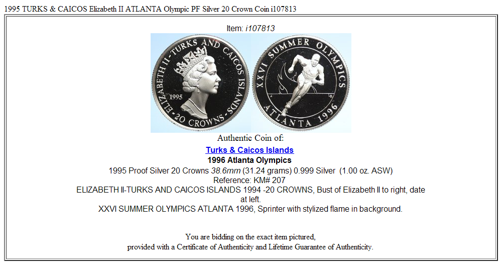 1995 TURKS & CAICOS Elizabeth II ATLANTA Olympic PF Silver 20 Crown Coin i107813