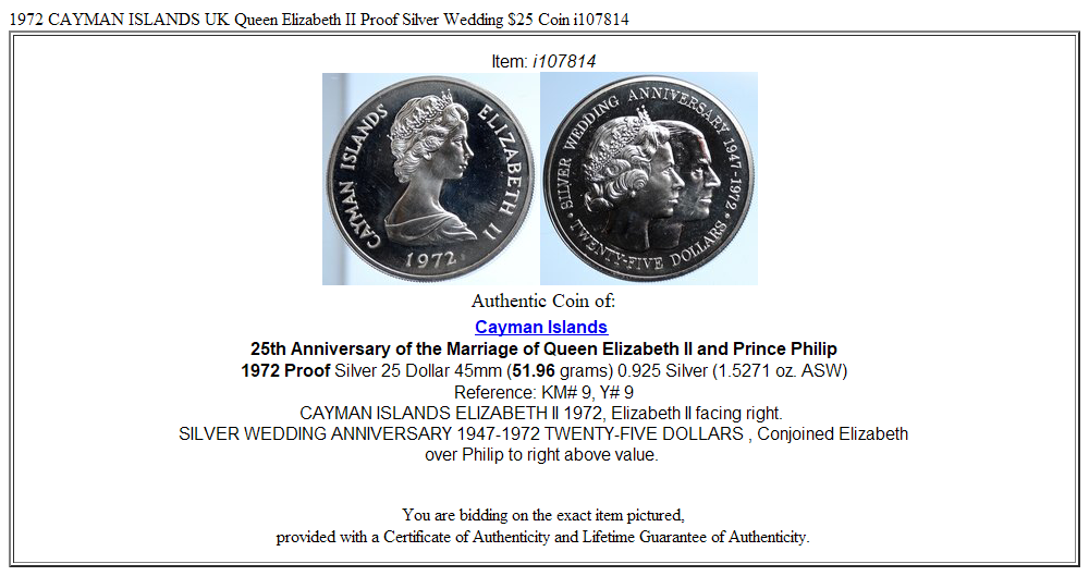 1972 CAYMAN ISLANDS UK Queen Elizabeth II Proof Silver Wedding $25 Coin i107814