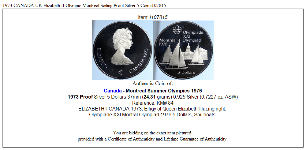 1973 CANADA UK Elizabeth II Olympic Montreal Sailing Proof Silver 5 Coin i107815