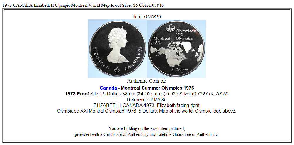 1973 CANADA Elizabeth II Olympic Montreal World Map Proof Silver $5 Coin i107816