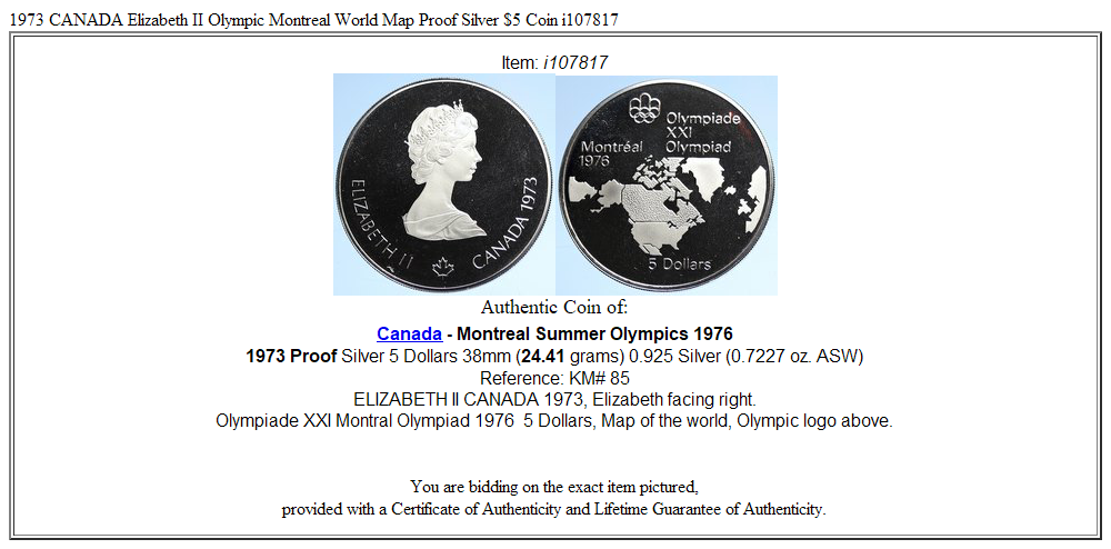 1973 CANADA Elizabeth II Olympic Montreal World Map Proof Silver $5 Coin i107817