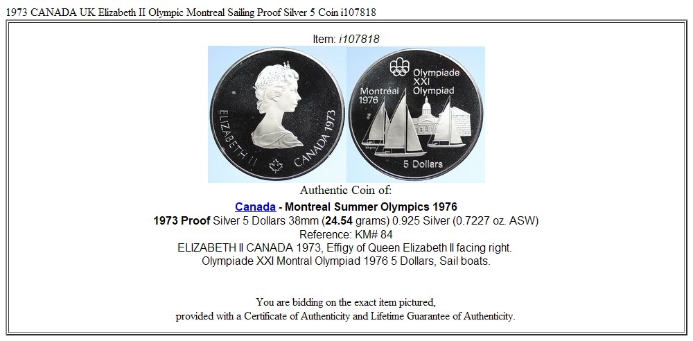 1973 CANADA UK Elizabeth II Olympic Montreal Sailing Proof Silver 5 Coin i107818