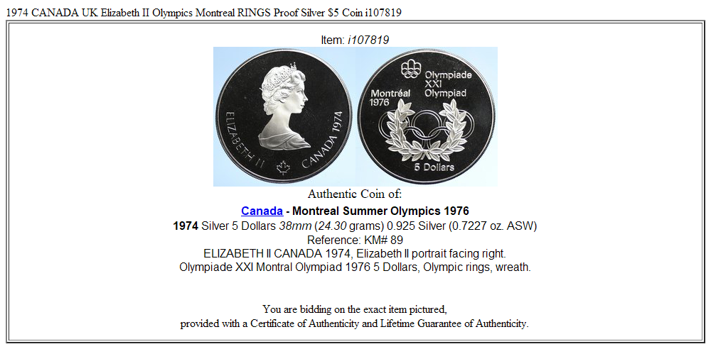 1974 CANADA UK Elizabeth II Olympics Montreal RINGS Proof Silver $5 Coin i107819