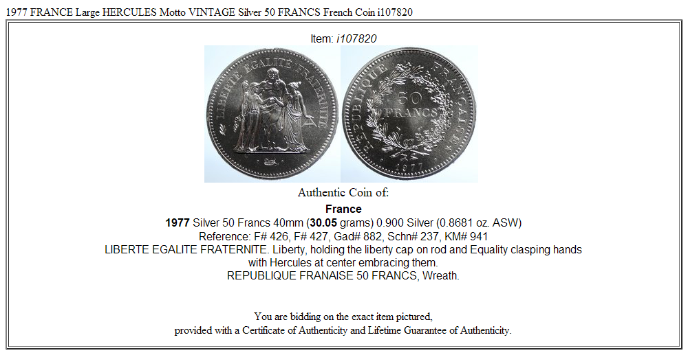 1977 FRANCE Large HERCULES Motto VINTAGE Silver 50 FRANCS French Coin i107820