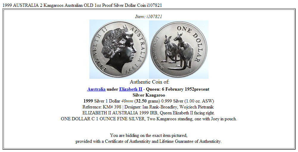 1999 AUSTRALIA 2 Kangaroos Australian OLD 1oz Proof Silver Dollar Coin i107821