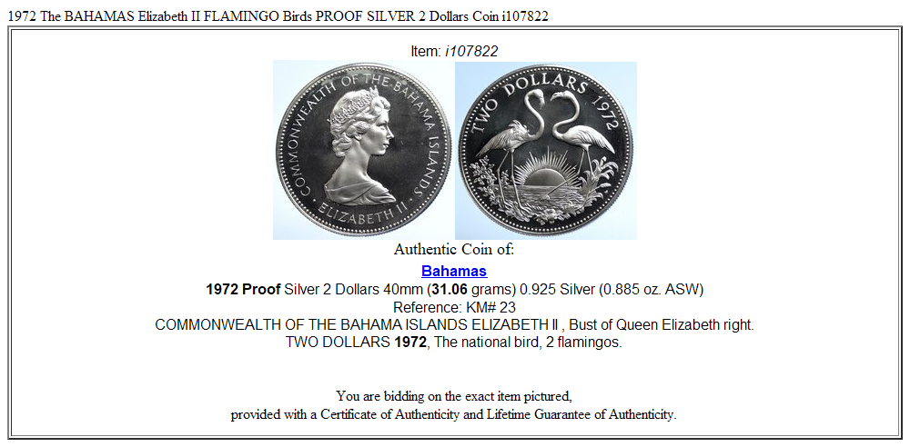 1972 The BAHAMAS Elizabeth II FLAMINGO Birds PROOF SILVER 2 Dollars Coin i107822