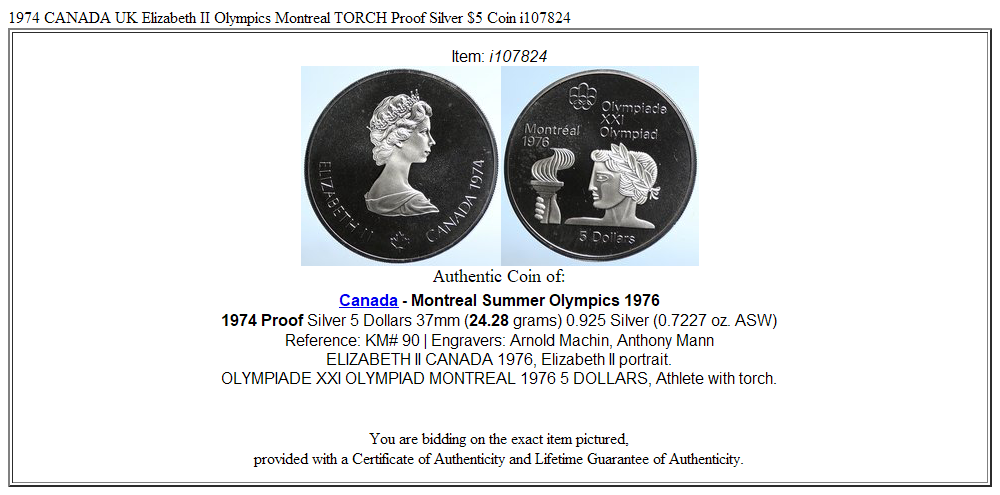 1974 CANADA UK Elizabeth II Olympics Montreal TORCH Proof Silver $5 Coin i107824