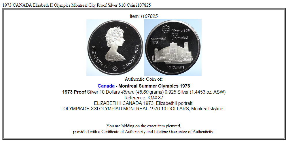 1973 CANADA Elizabeth II Olympics Montreal City Proof Silver $10 Coin i107825