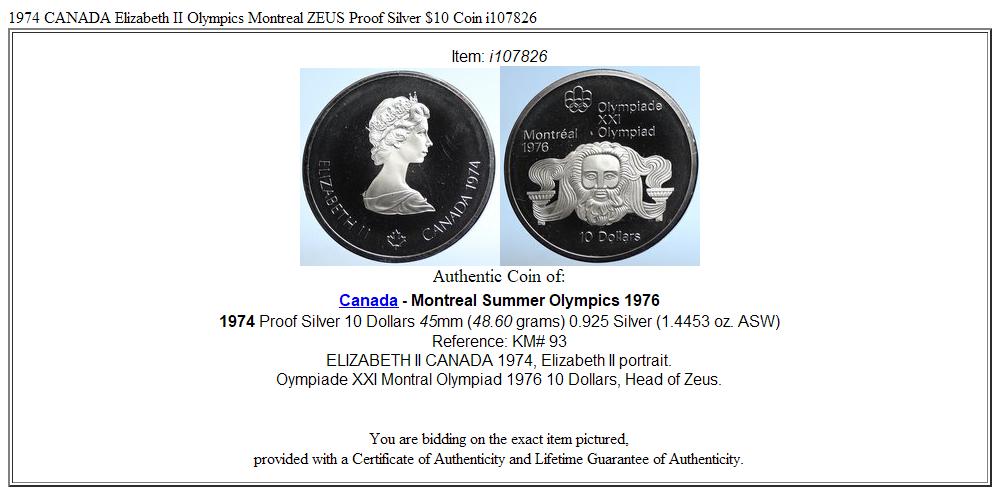 1974 CANADA Elizabeth II Olympics Montreal ZEUS Proof Silver $10 Coin i107826