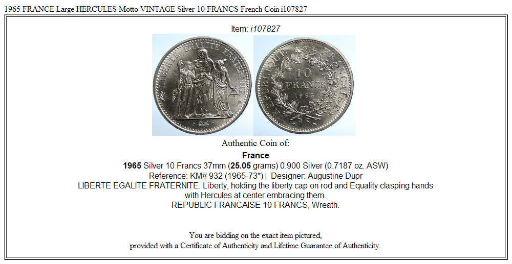 1965 FRANCE Large HERCULES Motto VINTAGE Silver 10 FRANCS French Coin i107827