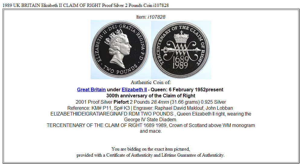 1989 UK BRITAIN Elizabeth II CLAIM OF RIGHT Proof Silver 2 Pounds Coin i107828