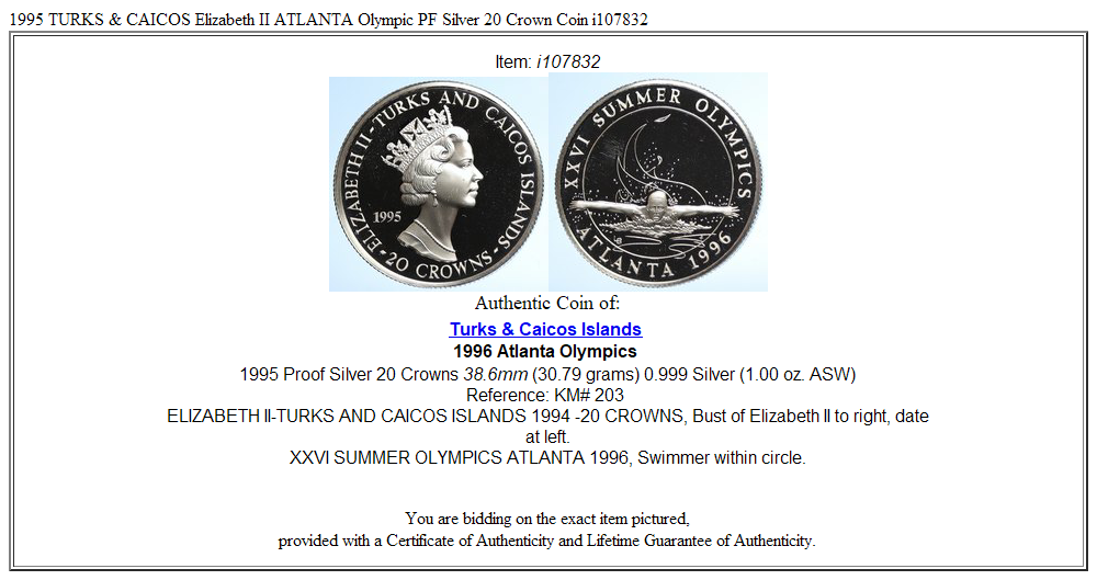 1995 TURKS & CAICOS Elizabeth II ATLANTA Olympic PF Silver 20 Crown Coin i107832